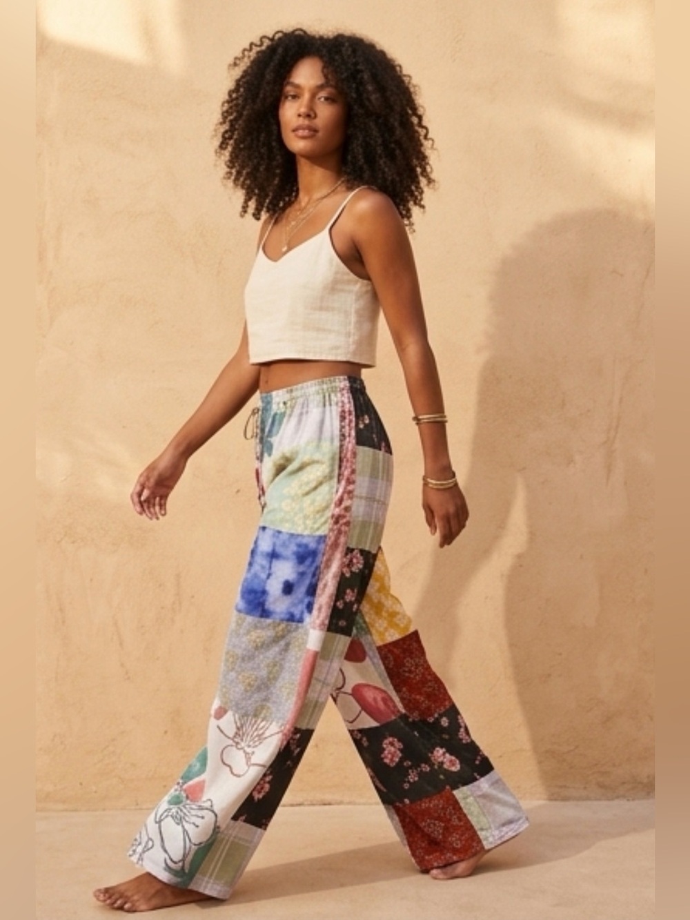 Kantha Patchwork Wide Leg Boho Pants Floral Drawstring Hippie Loungewear Casual